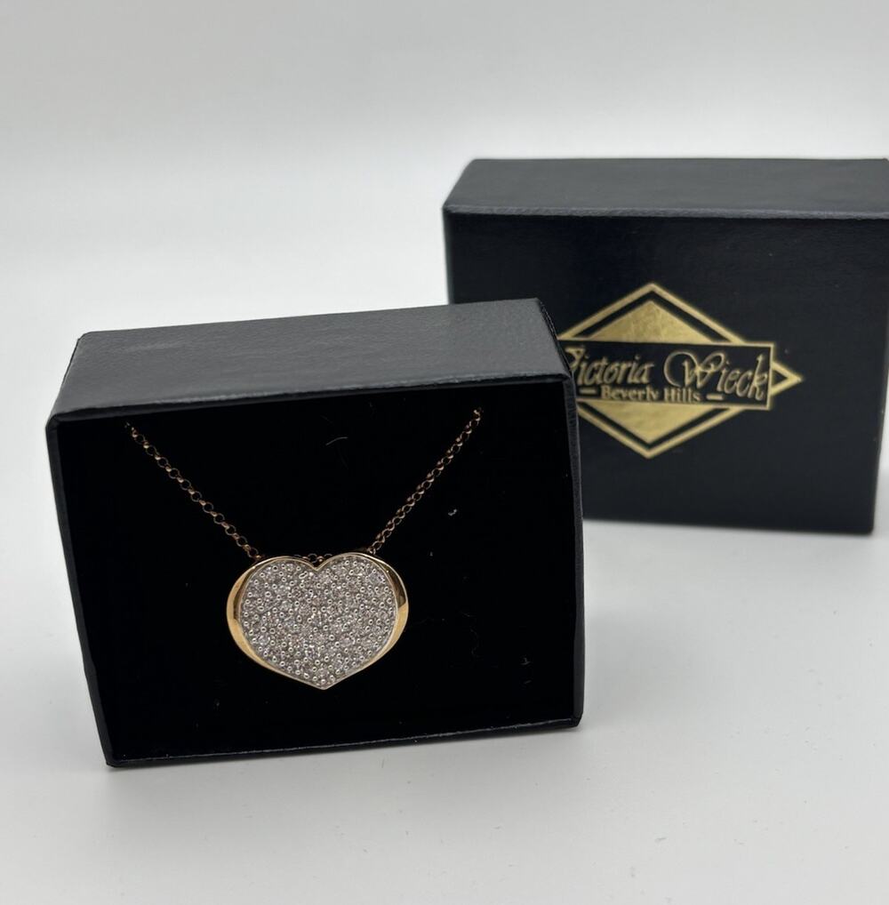 Victoria Wieck 14K Yellow Gold CZ Pave Concave Heart Necklace New In Box
